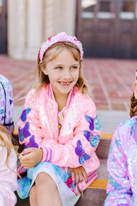 Girls Cotton Candy Pink Sequin Bomber Jacket