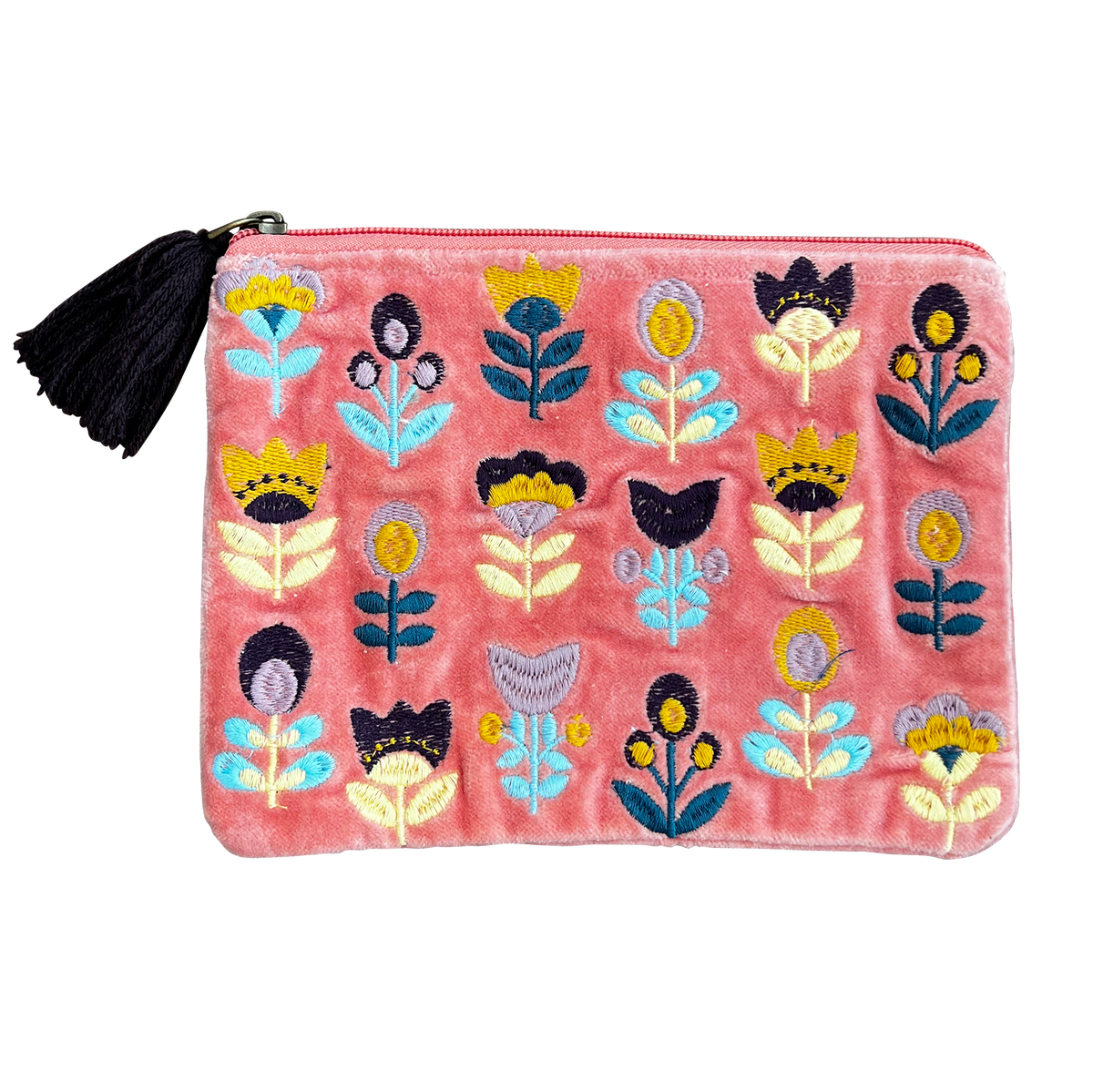 Tulips on Pink Embroidered Velvet Bag Set