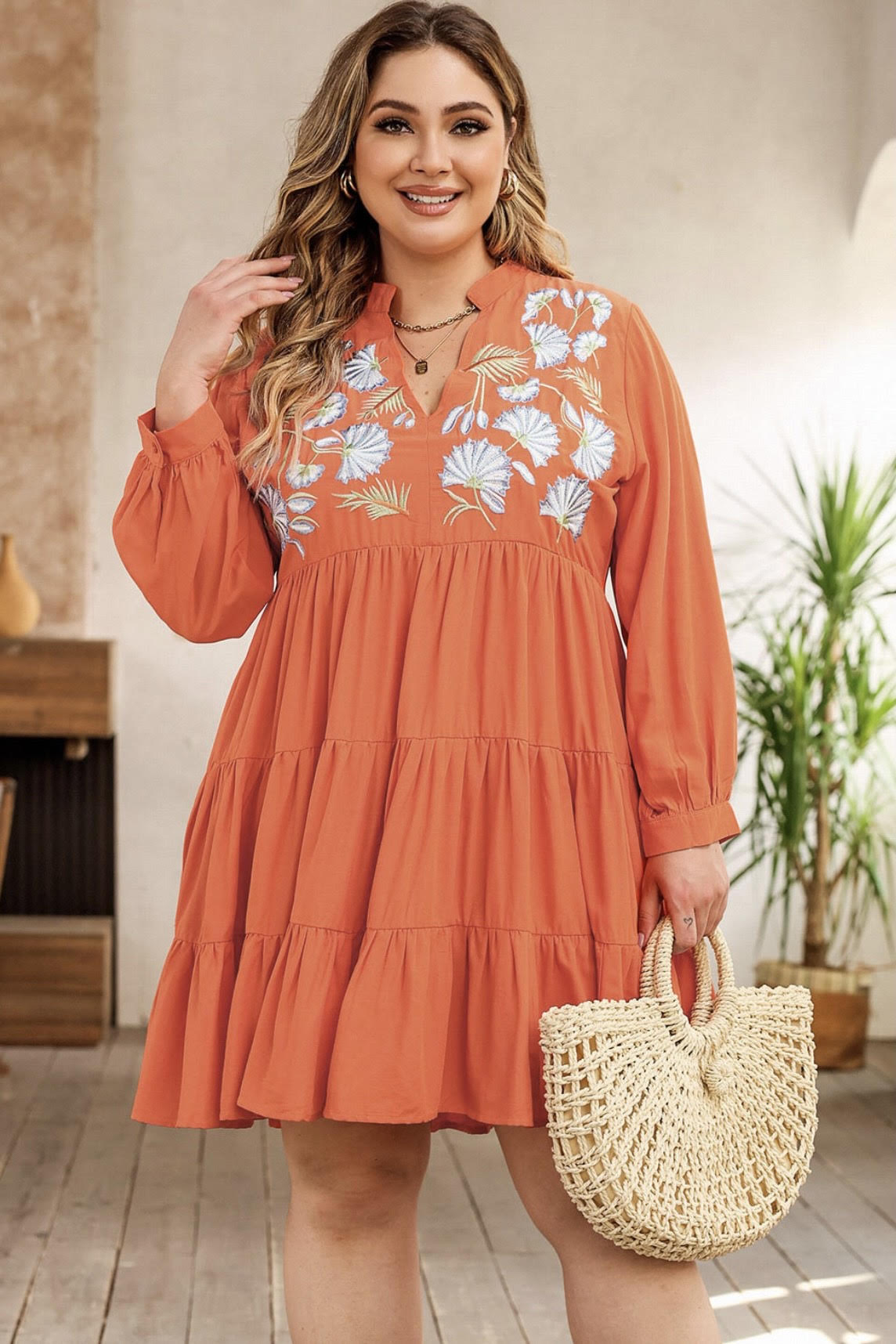 Curvy Women's Embroidered Tiered Ruffle Dress