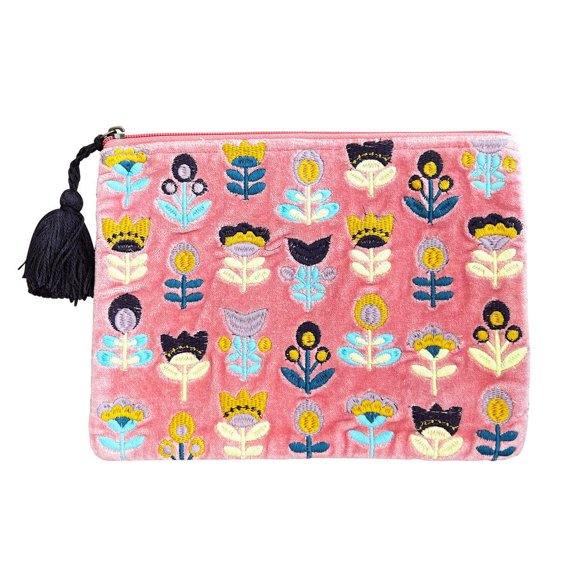 Tulips on Pink Embroidered Velvet Bag Set