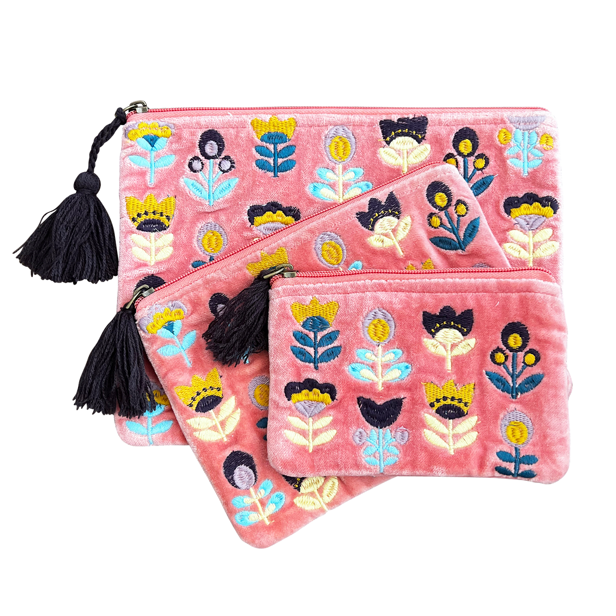Tulips on Pink Embroidered Velvet Bag Set