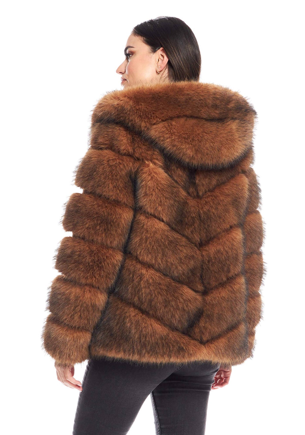 Chateau Chevron Hooded Faux Fur Coat