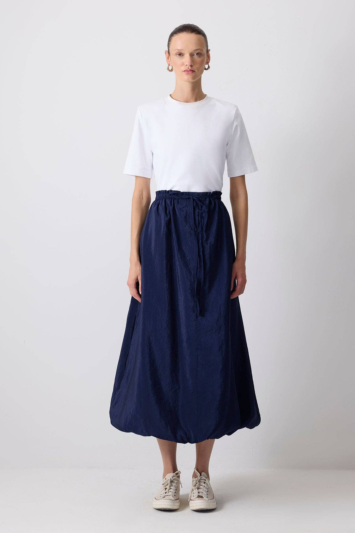 DRAWSTRING ELASTIC BALLOON HEM MAXI SKIRT