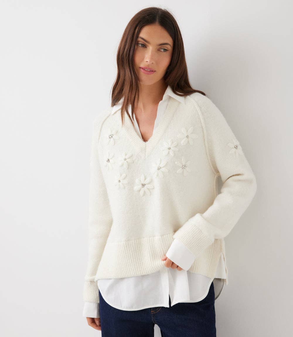 Rhinestone Embroidered Flower Layered Sweater