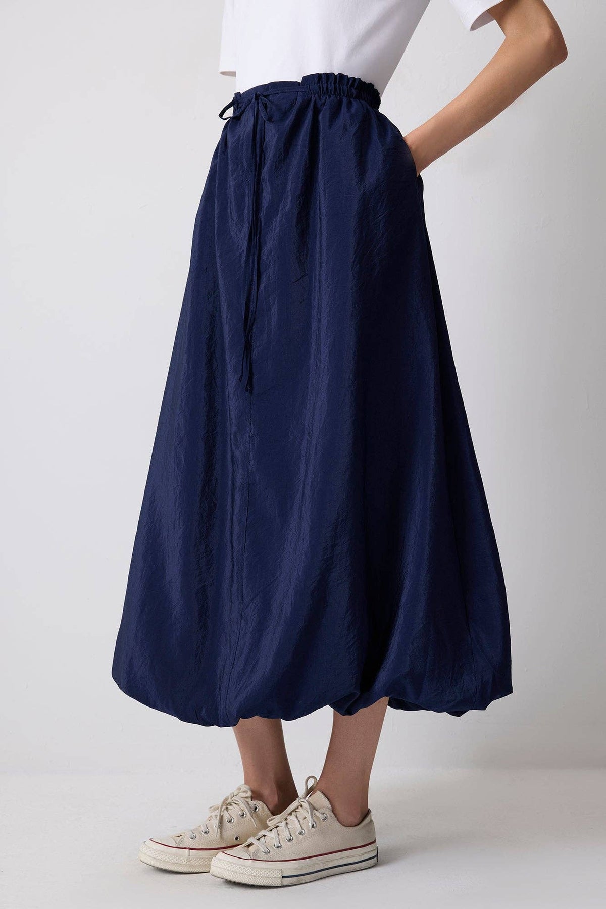 DRAWSTRING ELASTIC BALLOON HEM MAXI SKIRT