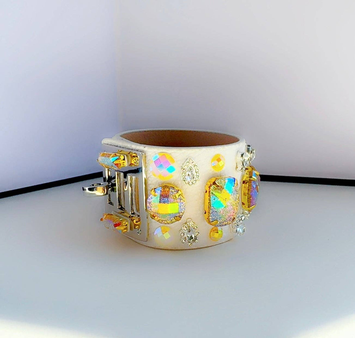 Gold Gem White Leather Cuff