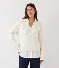 Rhinestone Embroidered Flower Layered Sweater