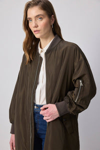 Zip-Front Longline Bomber Coat with Ribbed Cuffs