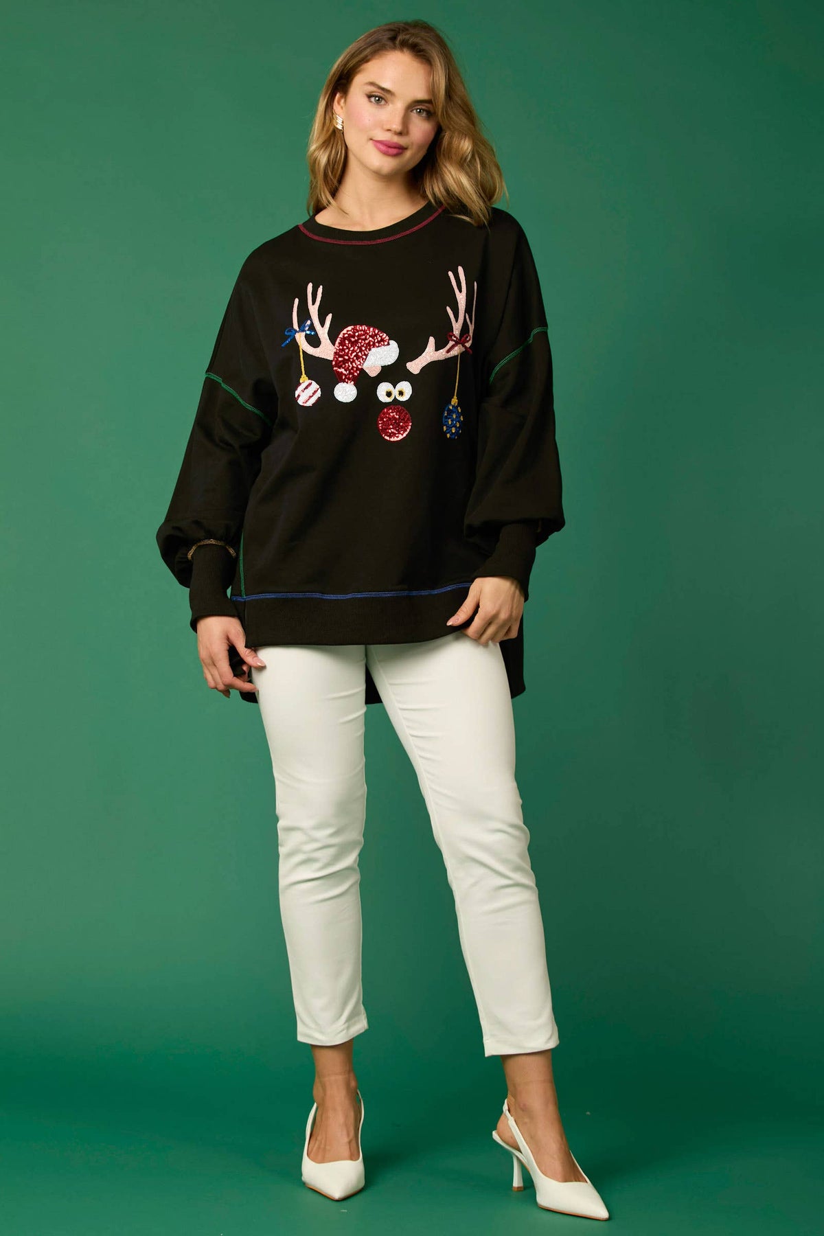 Christmas Rudolph Embroidery Long Sleeve Sweatshirt