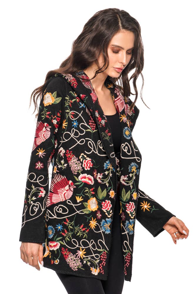 AD2605 BLACK MULTI COLOR FLORAL EMBROIDERED CARDIFAN W/ HOOD