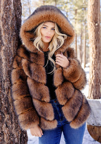 Chateau Chevron Hooded Faux Fur Coat