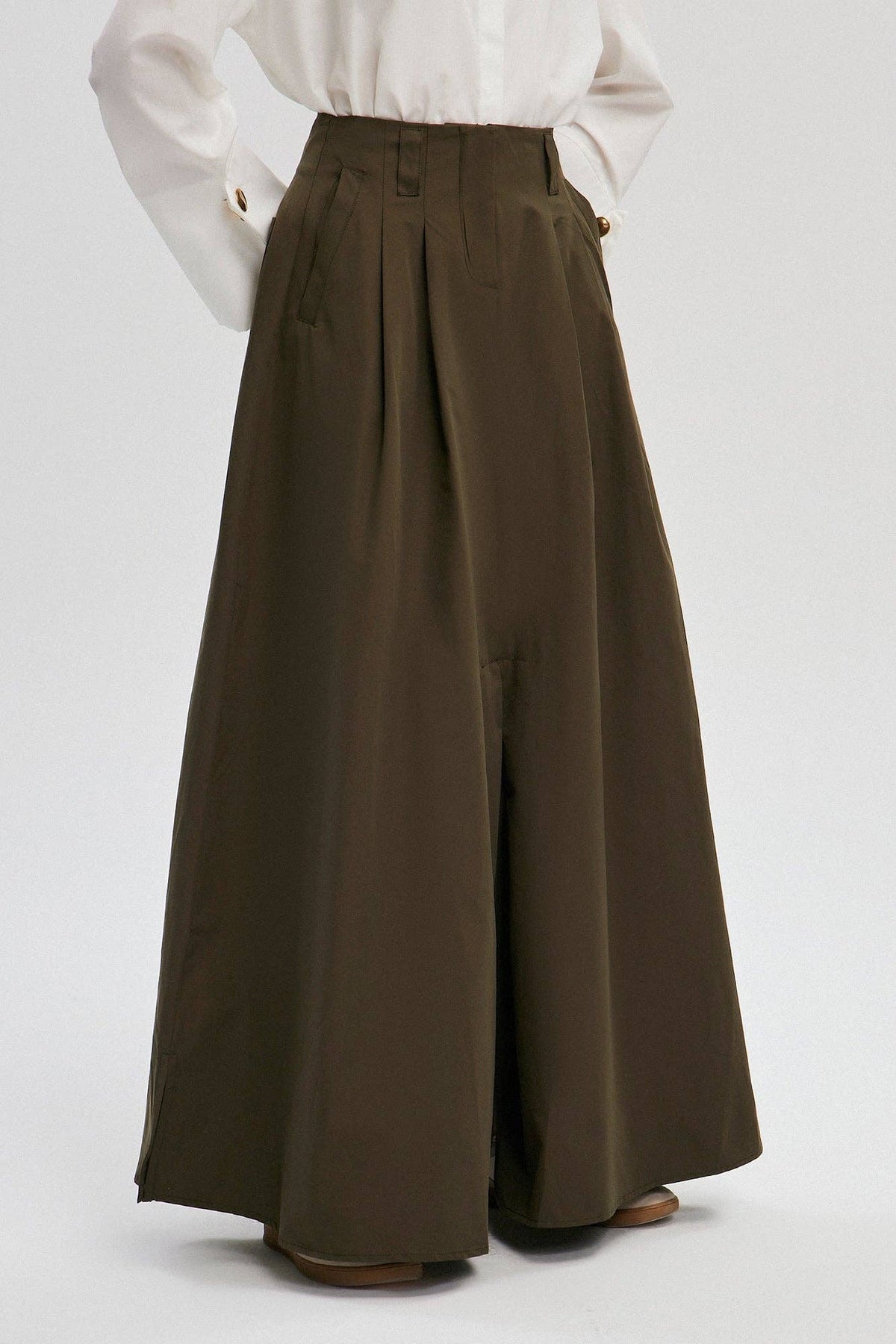 Olive Cotton Blend Wide-Leg Maxi Skirt