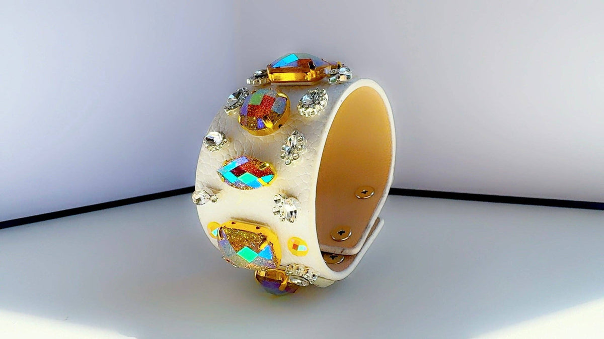 Gold Gem White Leather Cuff