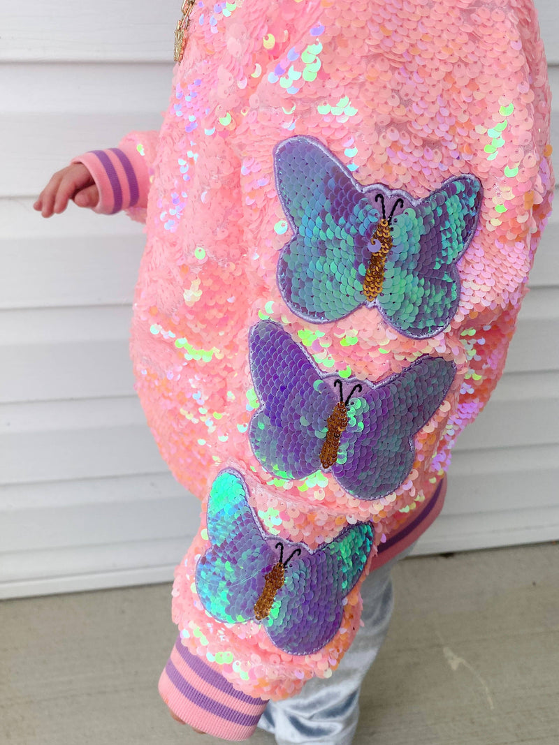 Girls Cotton Candy Pink Sequin Bomber Jacket