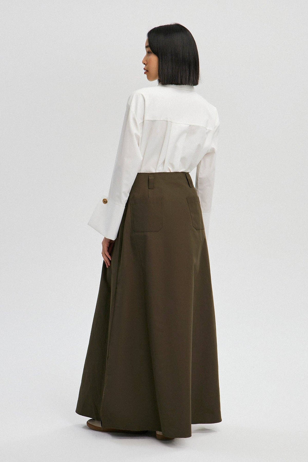 Olive Cotton Blend Wide-Leg Maxi Skirt