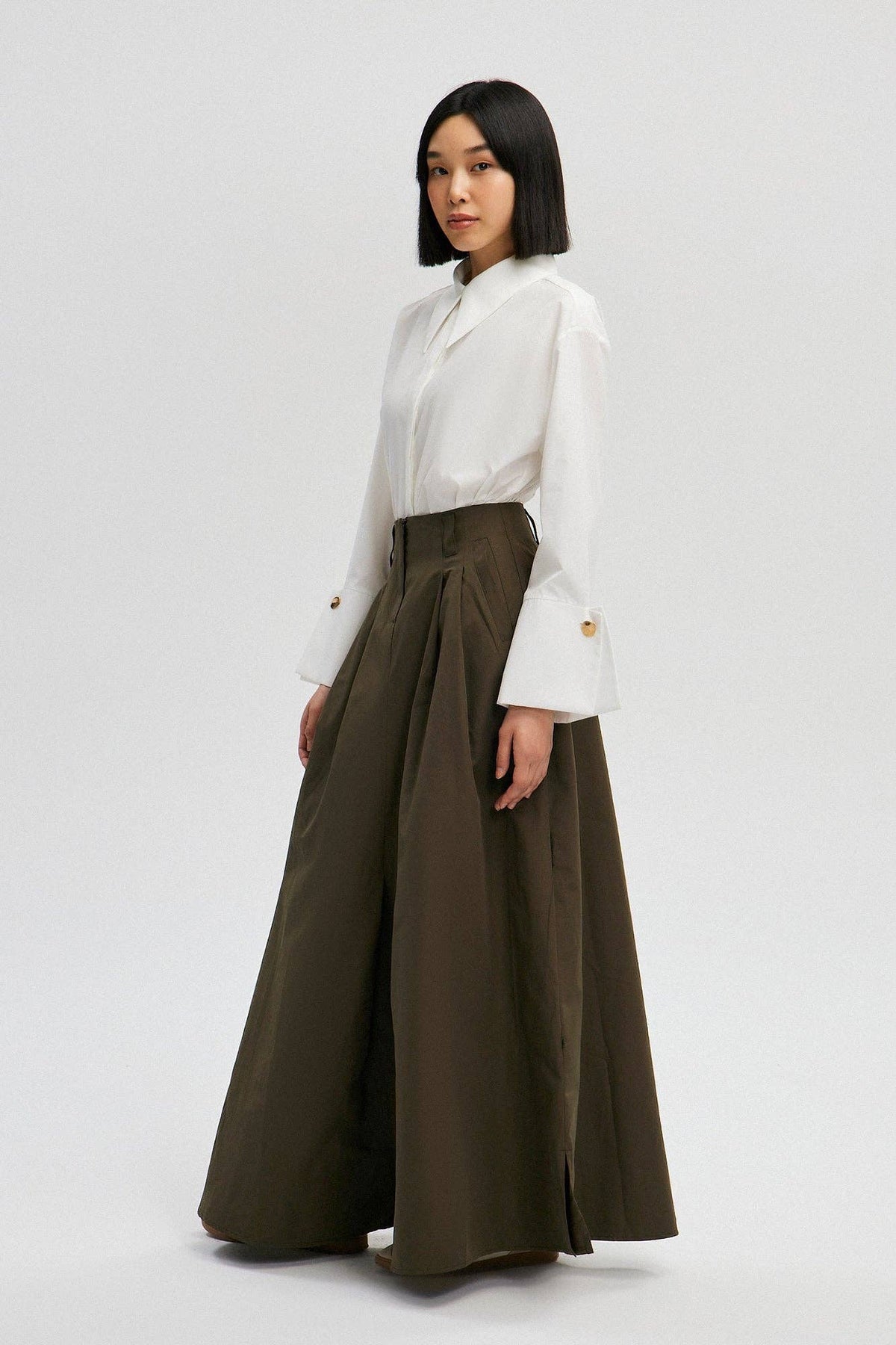 Olive Cotton Blend Wide-Leg Maxi Skirt