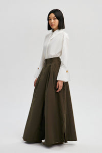 Olive Cotton Blend Wide-Leg Maxi Skirt