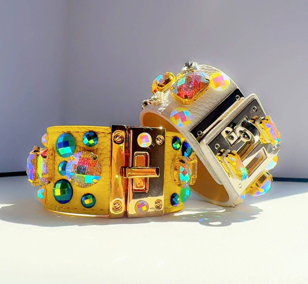 Gold Gem White Leather Cuff