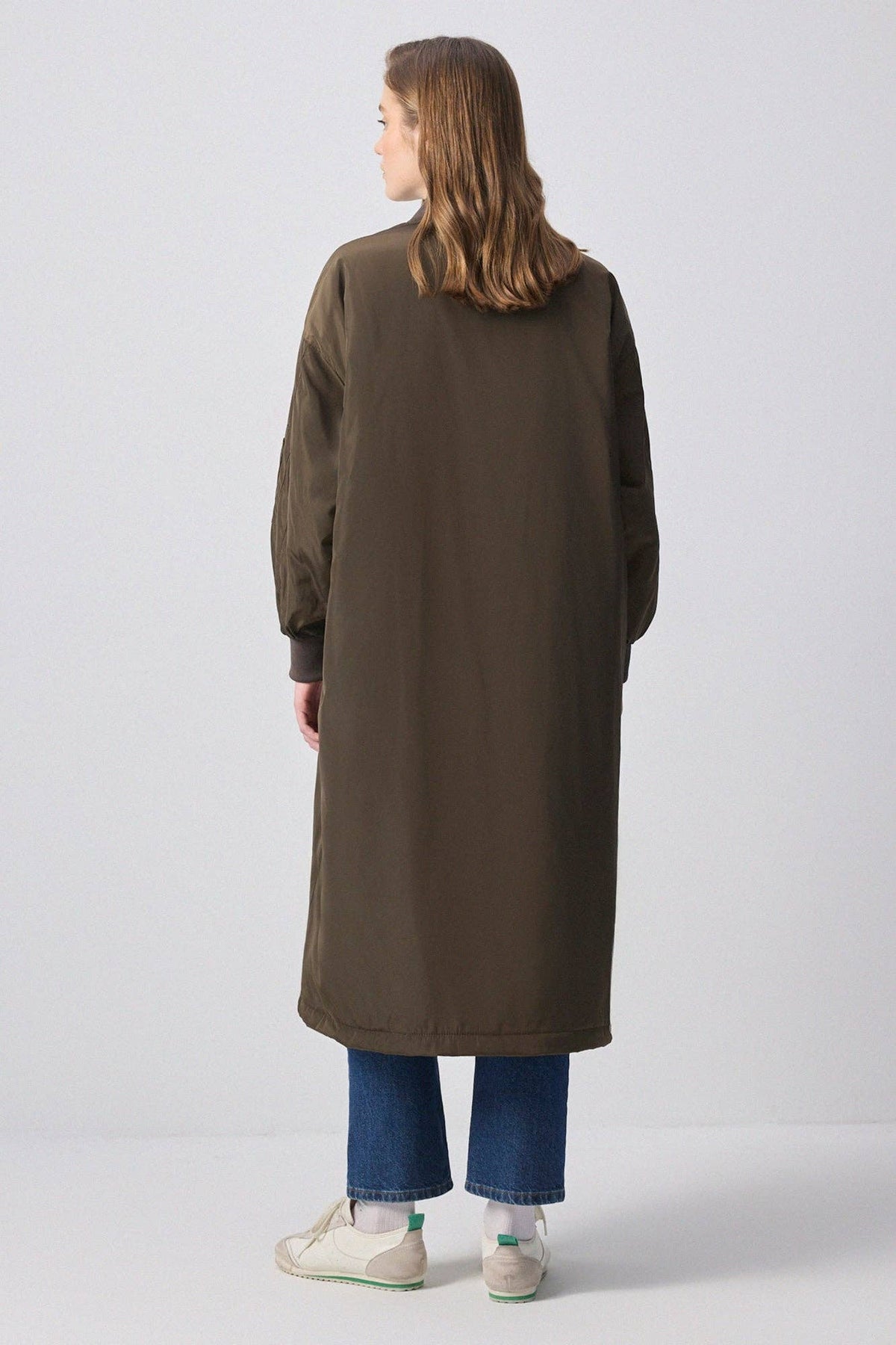 Zip-Front Longline Bomber Coat with Ribbed Cuffs