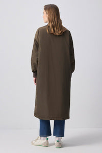 Zip-Front Longline Bomber Coat with Ribbed Cuffs