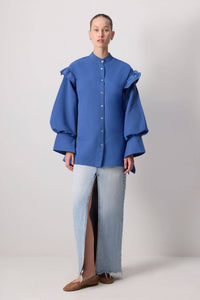 Statement Sleeve Linen-Blend Ruffle Shirt in Royal Blue