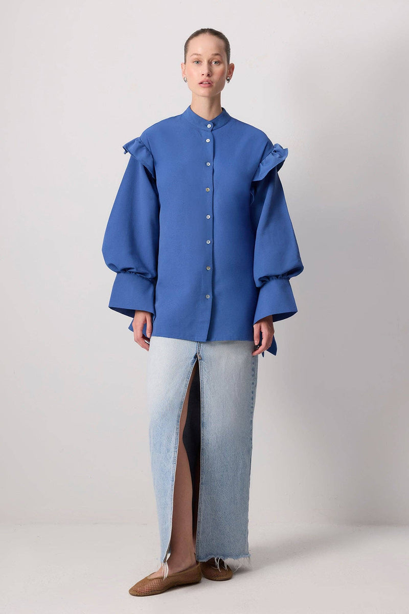 Statement Sleeve Linen-Blend Ruffle Shirt in Royal Blue