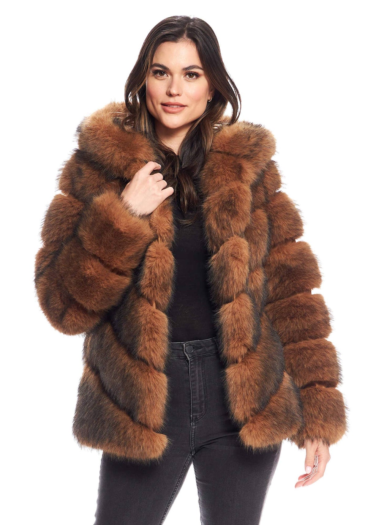 Chateau Chevron Hooded Faux Fur Coat