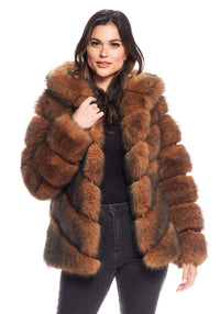 Chateau Chevron Hooded Faux Fur Coat