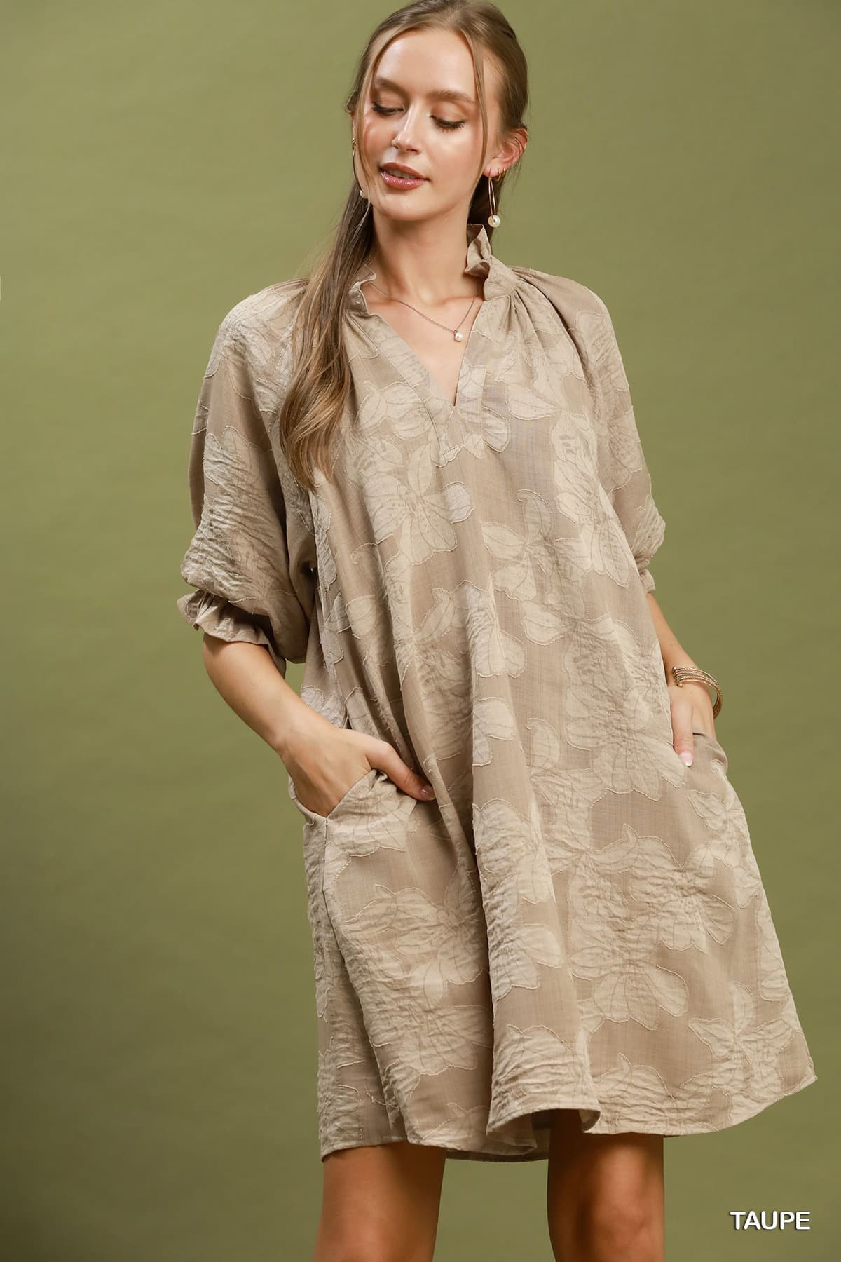Floral Textured Jacquard V-Neck Dress