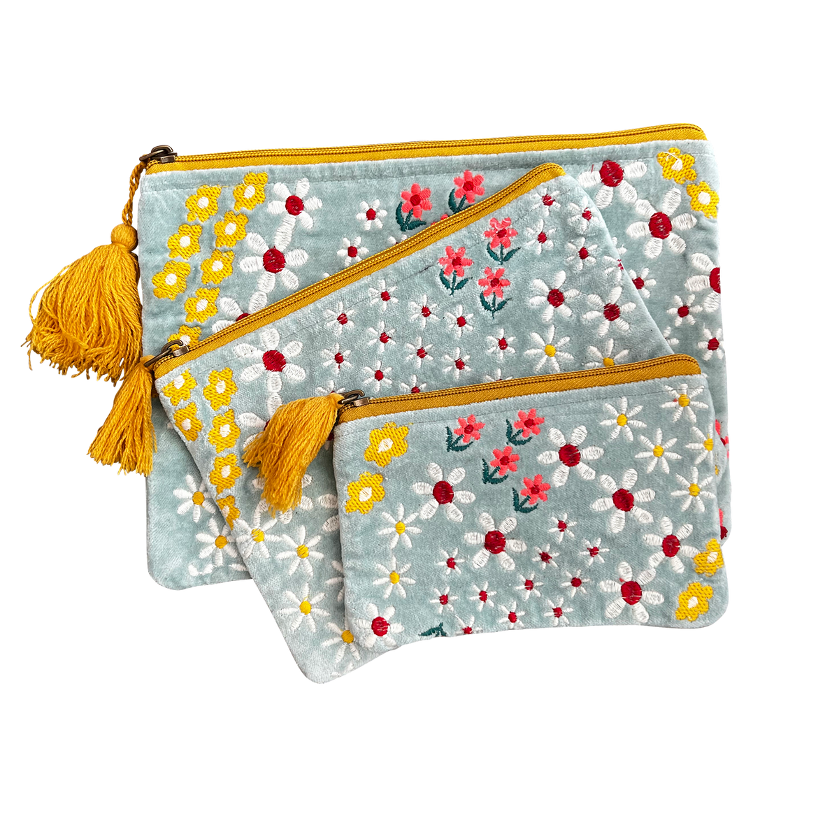 Embroidered Daisy Bouquet Velvet Purse Set