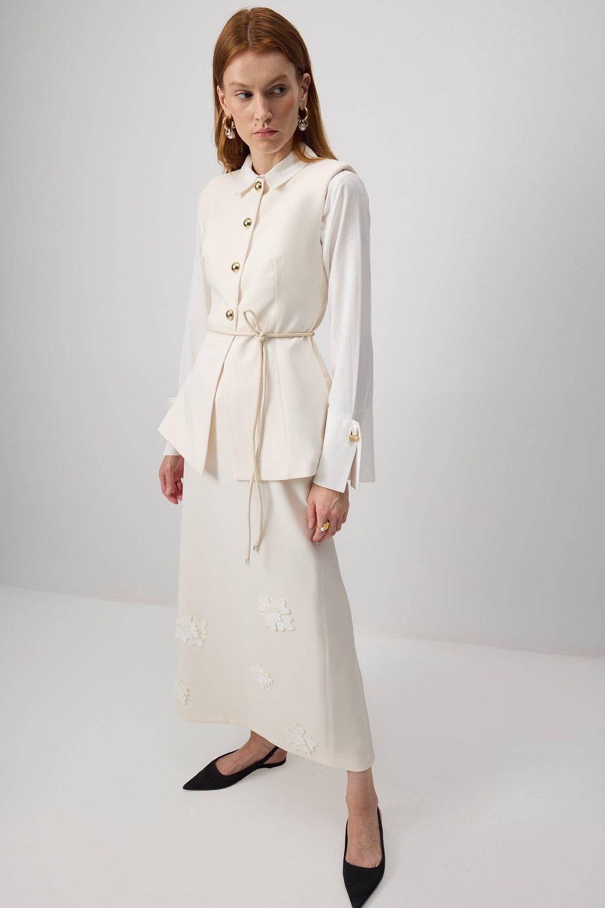 Tailored White Vest with Gold Button Detail