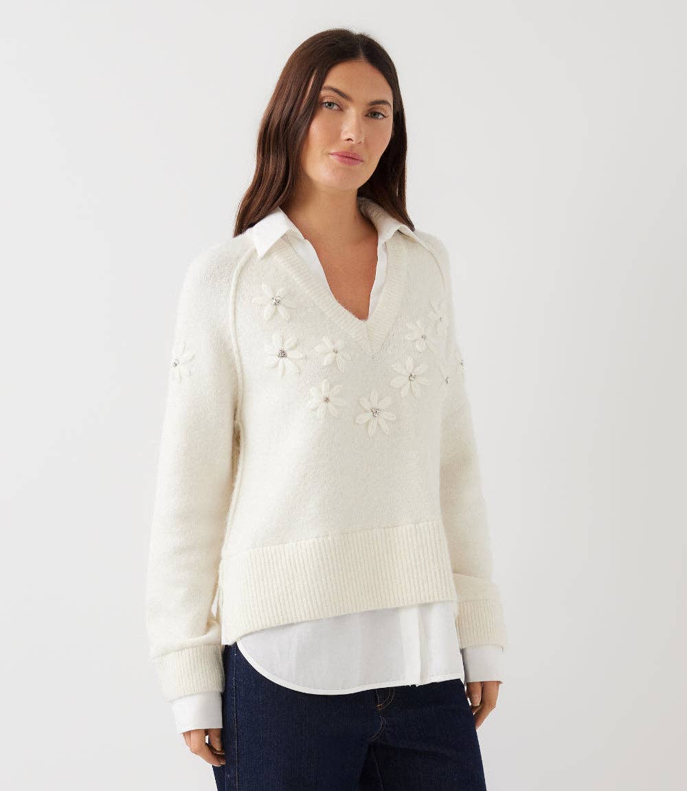 Rhinestone Embroidered Flower Layered Sweater