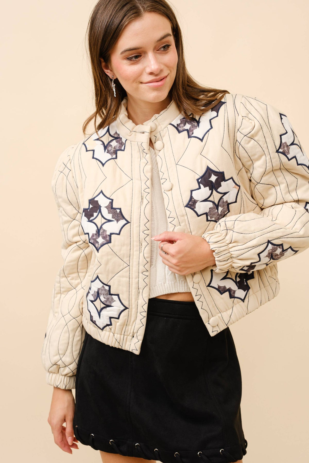 The Claria Quilted Button Embroidered Jacket