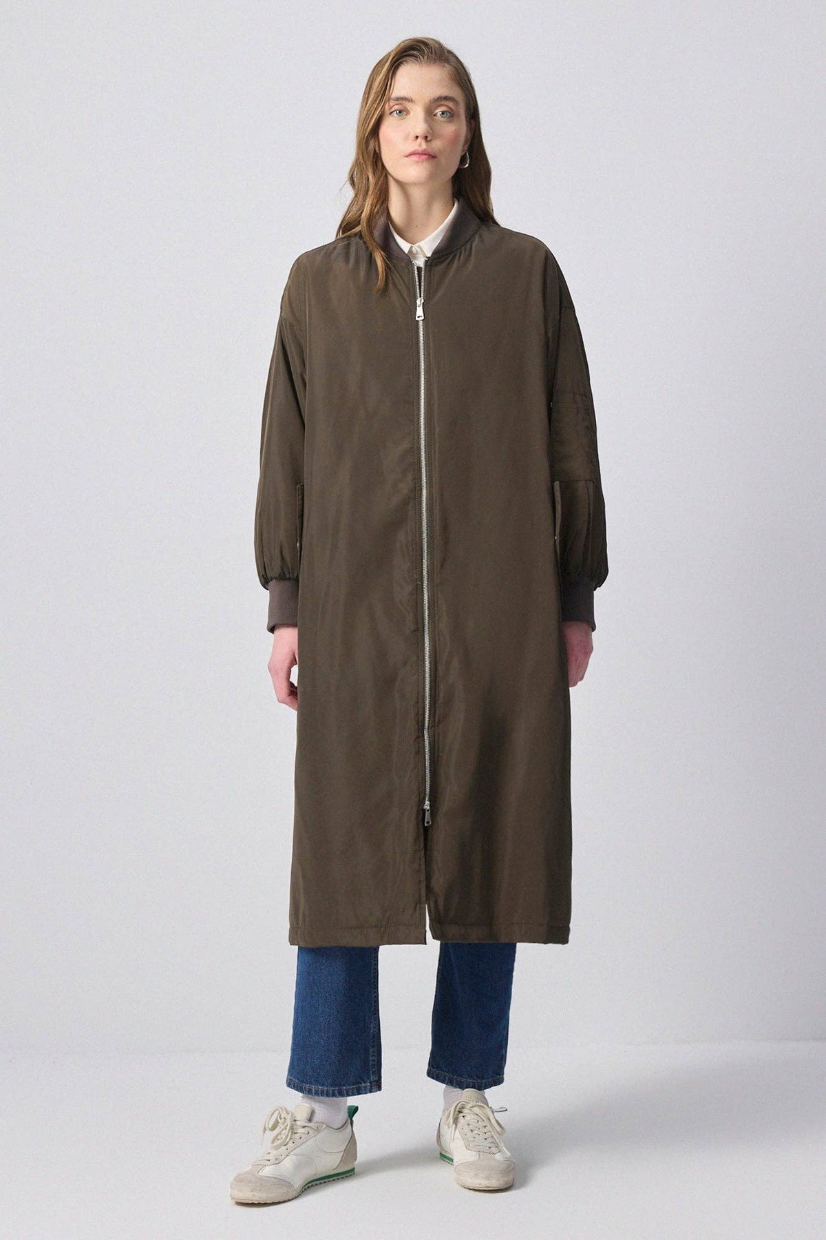 Zip-Front Longline Bomber Coat with Ribbed Cuffs