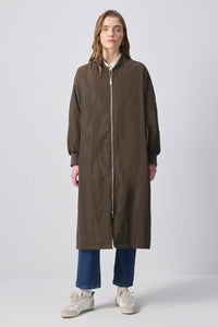 Zip-Front Longline Bomber Coat with Ribbed Cuffs
