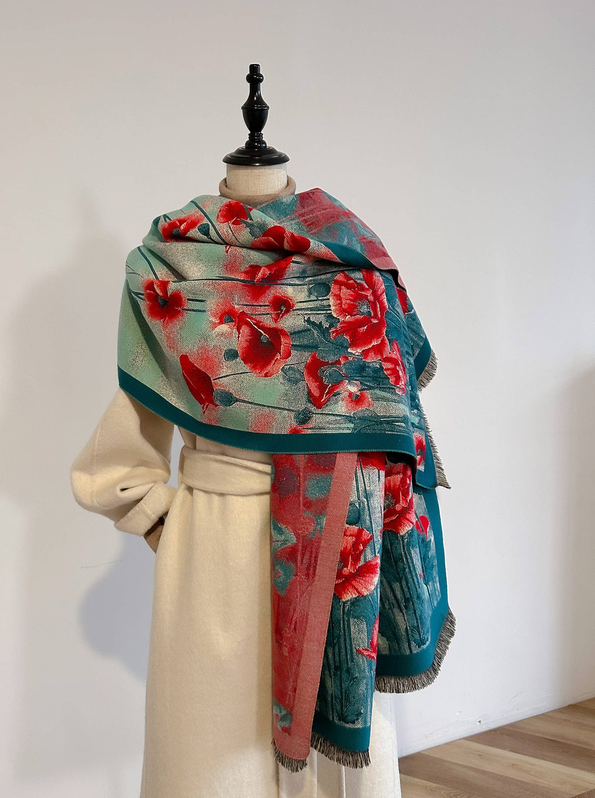 Stunning Turquoise & Red Poppy Reversible Wrap