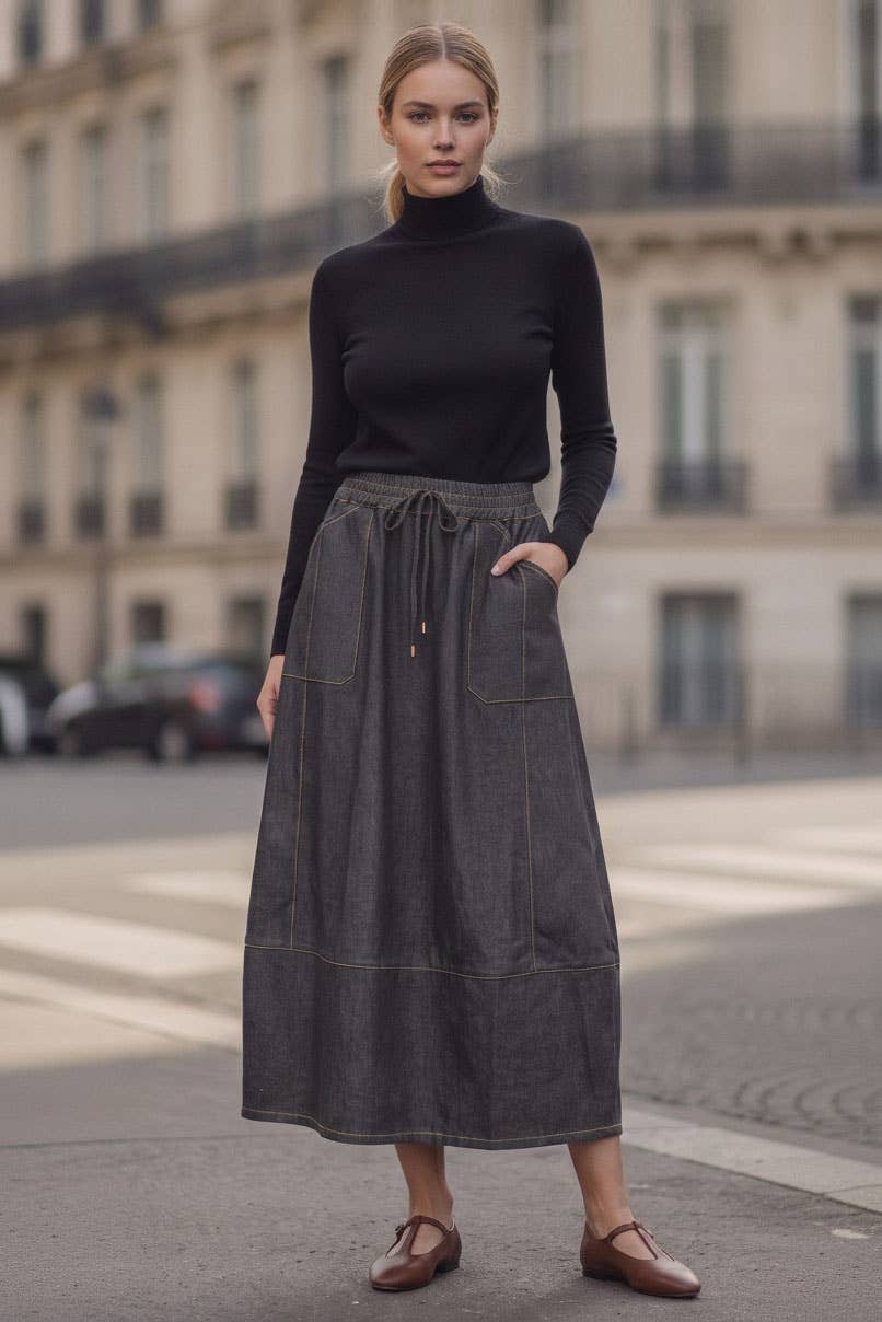 Bianca Drawstring Midi Denim Skirt