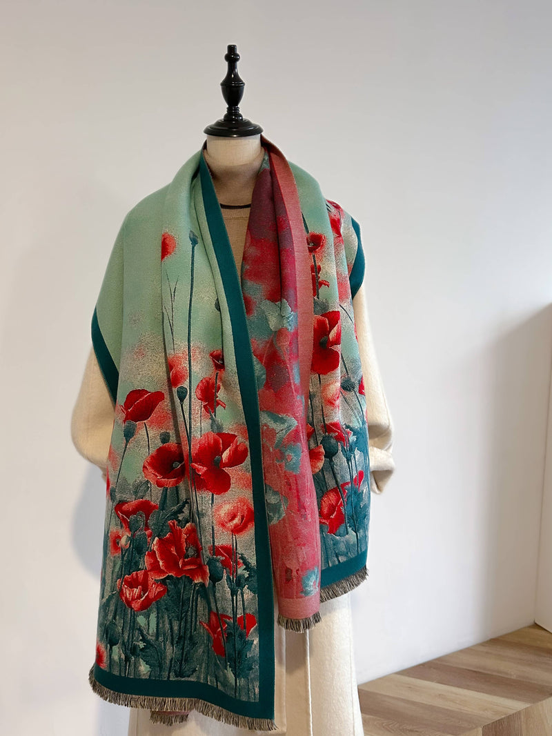Stunning Turquoise & Red Poppy Reversible Wrap