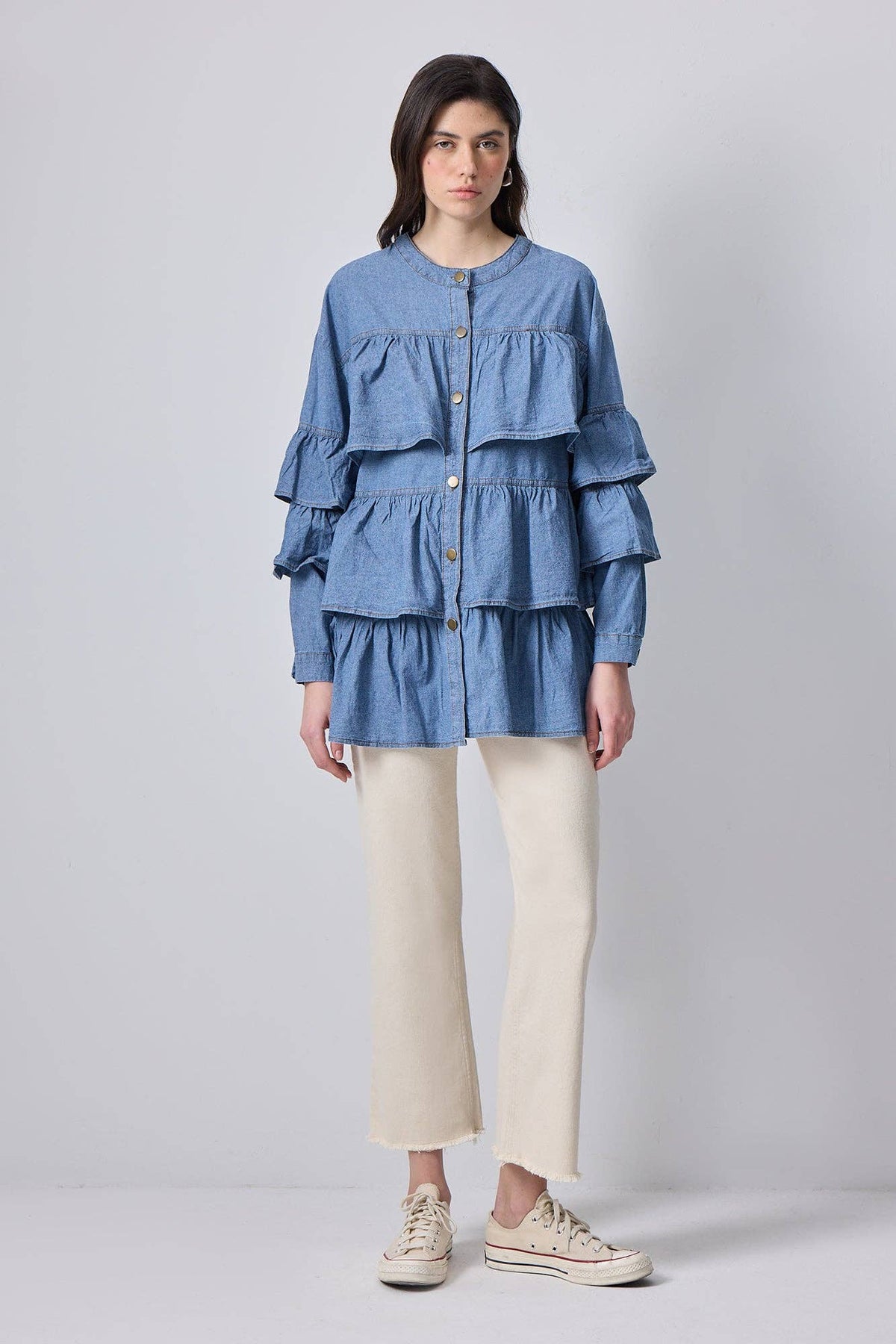 TIERED RUFFLE DENIM SHIRT