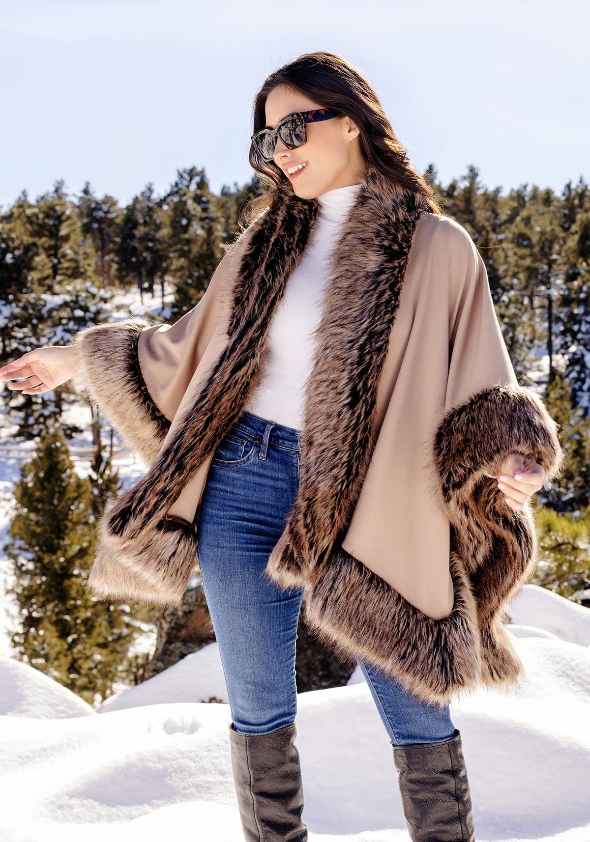 Faux Fur-Trimmed Shawl