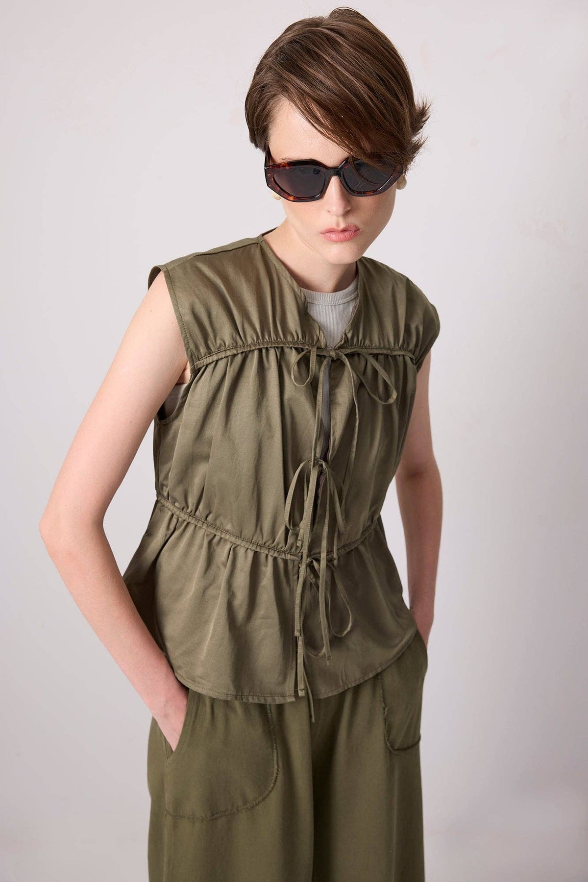 Drawstring Tie-Waist Utility Vest - Cotton Blend