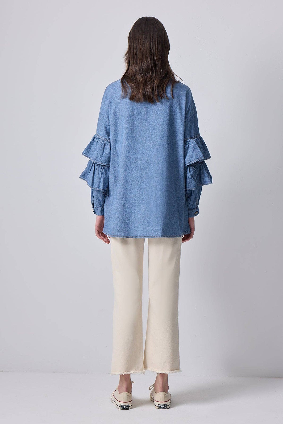 TIERED RUFFLE DENIM SHIRT