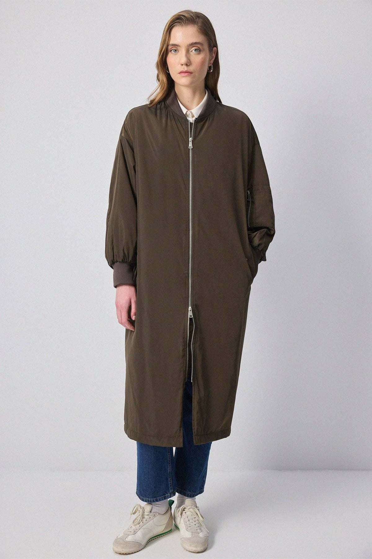 Zip-Front Longline Bomber Coat with Ribbed Cuffs