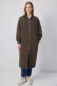 Zip-Front Longline Bomber Coat with Ribbed Cuffs