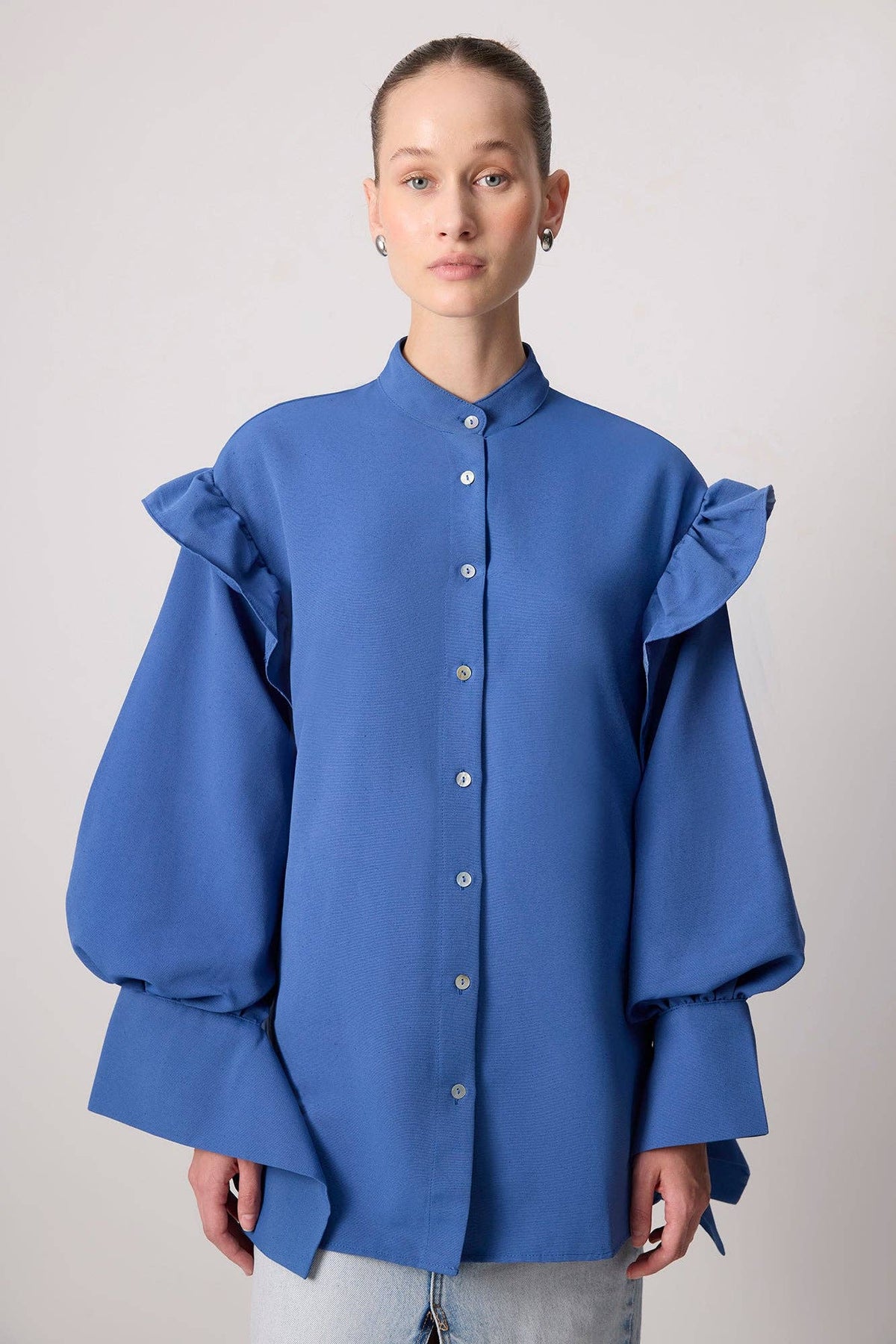 Statement Sleeve Linen-Blend Ruffle Shirt in Royal Blue