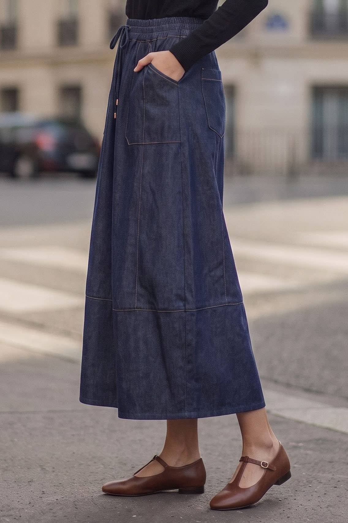 Bianca Drawstring Midi Denim Skirt