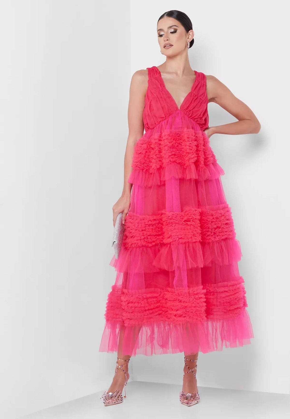 pink layered mesh dress Yolaf Pink Halter Neck Dress