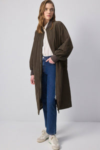 Zip-Front Longline Bomber Coat with Ribbed Cuffs