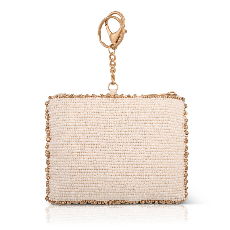 Heart Burst beaded red, gold, and cream coin purse.