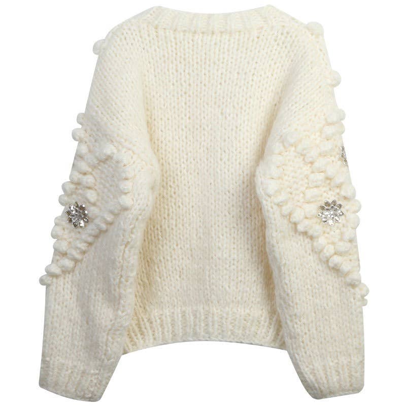 Hand-Knitted Sequined Flower Cardigan Sweater